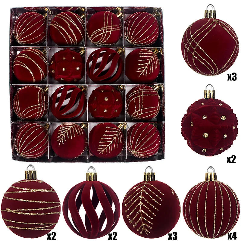 Conjunto de Enfeites de Natal em Veludo Borgonha, Bolas de Natal com Padrão de Glitter Dourado para Decoração de Árvore de Natal e Casa