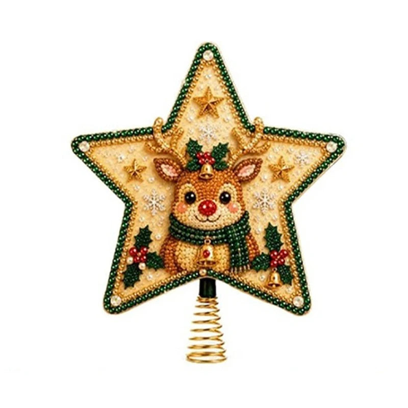 Enfeite de Árvore de Natal com Pintura de Diamantes, Topo de Árvore em Forma de Estrela, Papai Noel DIY, Pintura com Pérolas e Gemas, Base Espiral, Decoração para o Topo da Árvore de Natal