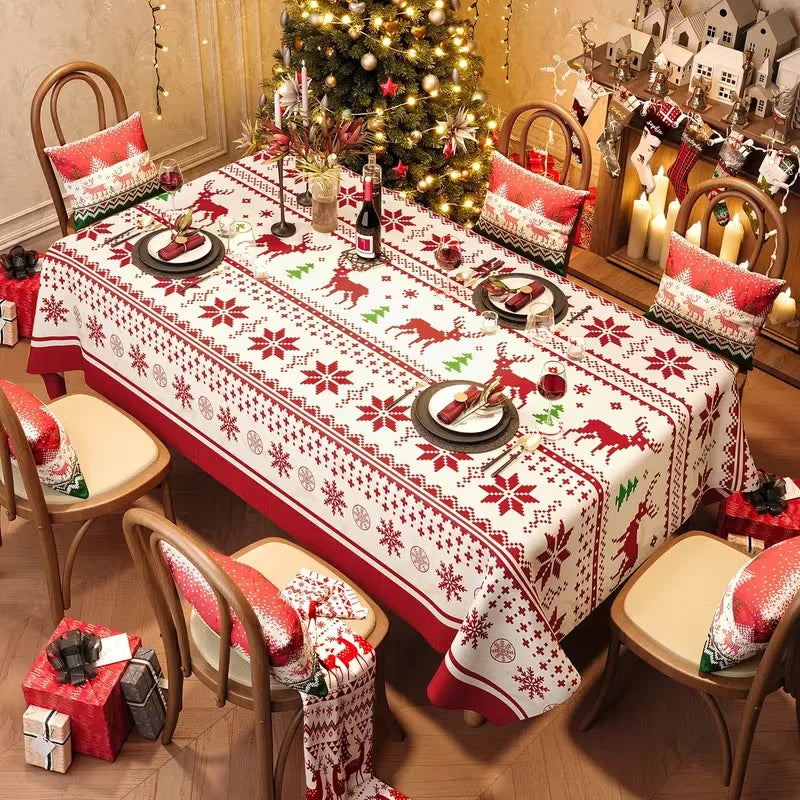 Toalha de Mesa de Natal: Decoração Clássica de Inverno com Estampa de Papai Noel, Floco de Neve e Pinhas – Suprimentos para Cenário Festivo