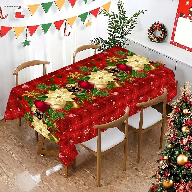 Toalha de Mesa de Natal: Decoração Clássica de Inverno com Estampa de Papai Noel, Floco de Neve e Pinhas – Suprimentos para Cenário Festivo
