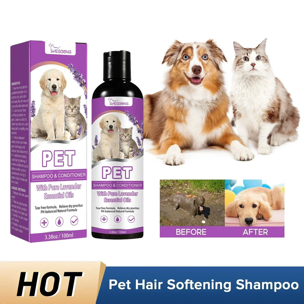 Shampoo e Condicionador para Animais de Estimação com Óleos Essenciais Puros de Lavanda, Fórmula Sem Lágrimas para Cães e Gatos, pH Balanceado, Cuidado Suave 100ml
