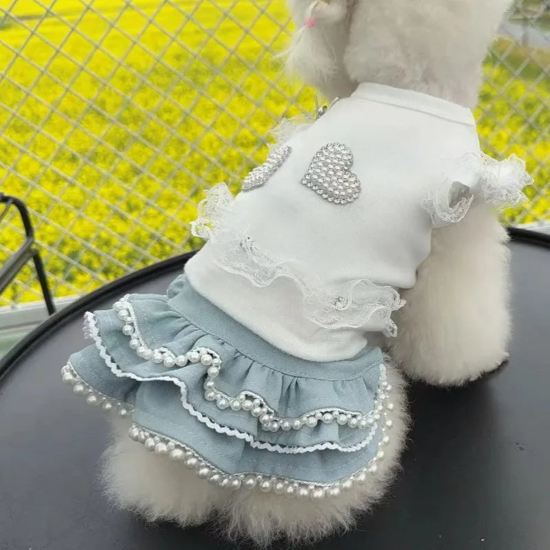 Roupas para animais de estimação para cães e gatos pequenos, blusa de renda com manga bufante, saia jeans, roupa diária fofa para cachorrinhos e gatinhos