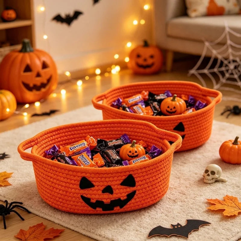 Cesta de Armazenamento de Corda de Algodão para Decoração de Festa de Halloween, Cesta de Armazenamento de Abóbora, Caixa de Armazenamento de Doces e Petiscos, Presentes Decorativos Diários