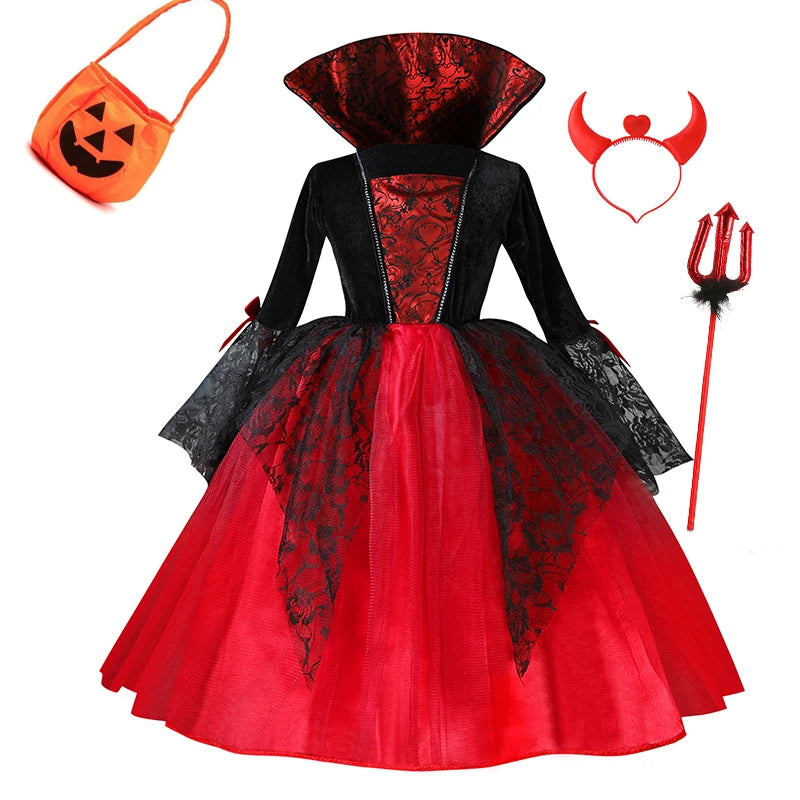 Fantasia de Vampiro para Meninas, Conjunto Completo com Acessórios, Fantasia para Festa Temática de Halloween, Presente de Feriado para Meninas