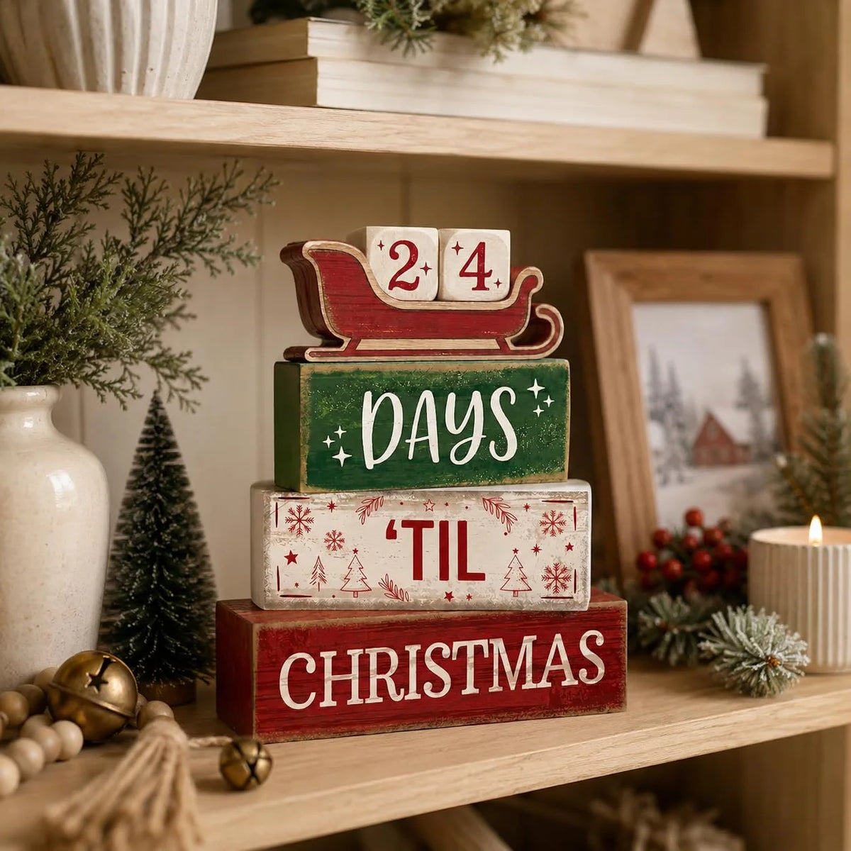 Decorações de Natal em madeira para uso interior, decoração rústica para mesa em estilo campestre, calendário do Advento com tema de trenó e contagem regressiva para o Natal.
