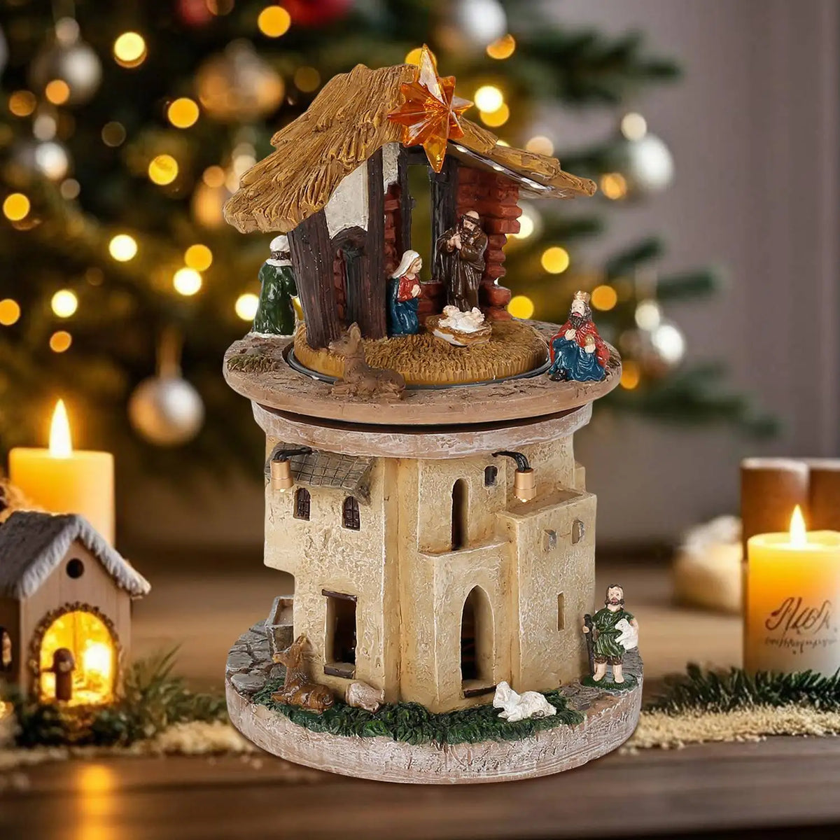 Vila de Natal Animada com Presépio da Sagrada Família, Figurinha de Manjedoura Rotativa, Canções Religiosas e Luzes para Decoração Interna