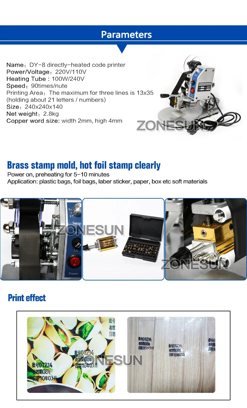 Impressora Manual de Código de Data ZONESUN ZS-DY8 – Máquina de Codificação de Lote, Validade e Data de Produção com Fita de Caracteres A-Z