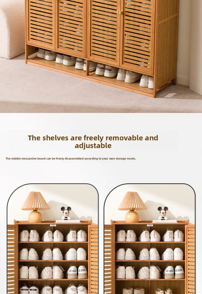 Armário de Sapatos de Bambu com Porta de Persiana, Armário de Armazenamento Multicamadas para Sala de Estar, Armário de Jantar, Armário de Utensílios de Cozinha