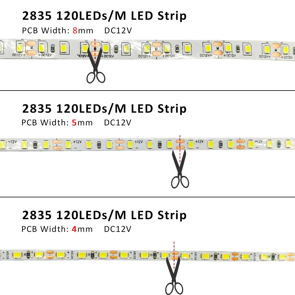 Fita de LED 12V 5m SMD 2835 5mm 8mm, Fita Flexível para Iluminação Decorativa Interna