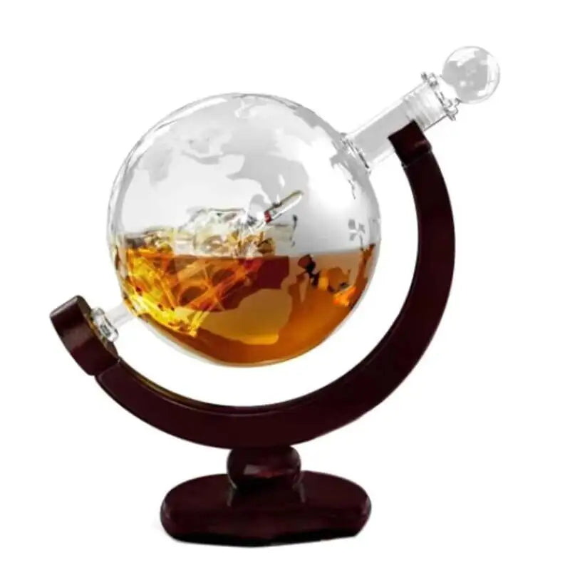 Decantador de uísque antigo, 850ml, navio, dispensador de uísque para licor, bourbon, vodka, vidro de vinho, globo com suporte de madeira, imperdível