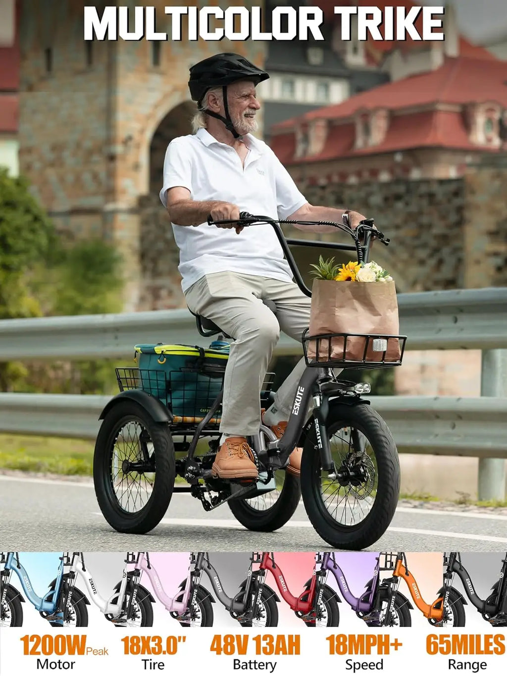 Peak 1200W Folding Electric Trike 18x3.0 Fat Tire 624Wh Battery Step-Thru 3 Wheel Ebike 65 Miles 18 MPH Adults, Customized