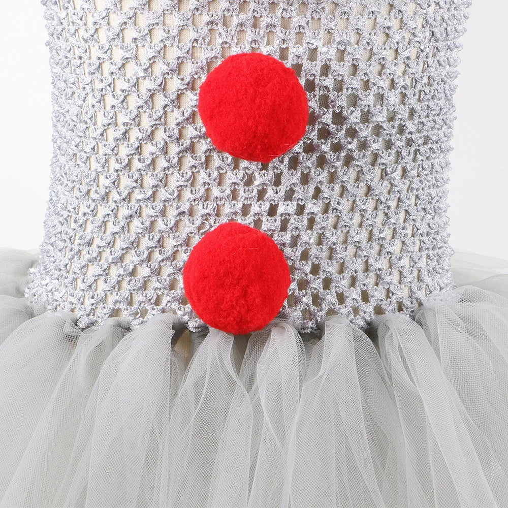 Fantasia de Palhaço Assustador para Meninas, Vestido Tutu de Tule Cinza, Roupa de Cosplay para Halloween, Carnaval dos Mortos e Festas de Palco