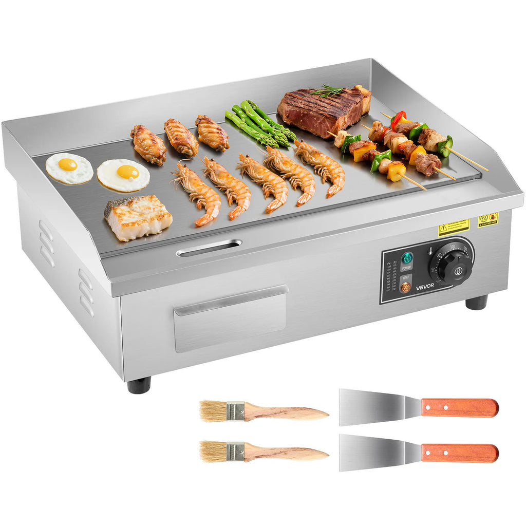 Chapa Elétrica Comercial SucceBuy 50-300 ° Controle de temperatura ajustável C, grelha superior plana de bancada de aço inoxidável para bife, panc