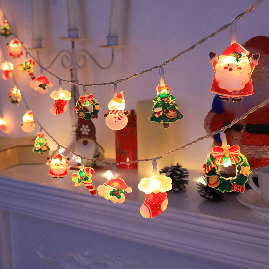 Luzes de corda de Natal LED, com Papai Noel/boneco de neve/cana de doces/meia de Natal/designs de flocos de neve, para festa de Natal/interior/árvore