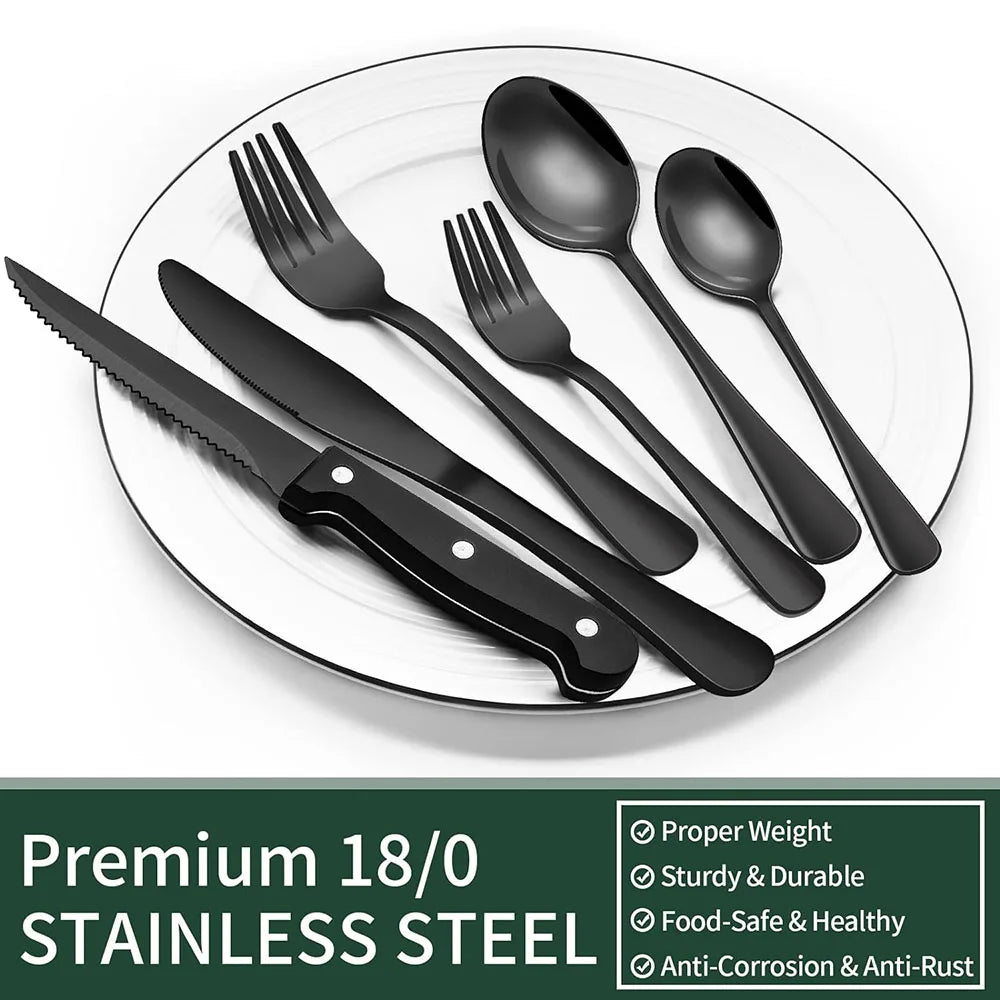 Conjunto de Talheres Pretos com Facas para Bife, Conjunto de Utensílios para 4 Pessoas, Talheres de Grau Alimentício, Conjunto de Talheres com Acabamento Espelhado Kasa & Pet