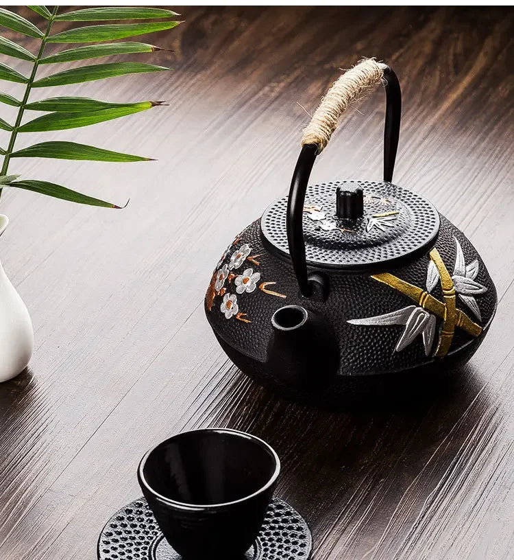 300ml 600ml 800ml bule de chá de ferro japonês ameixa e bambu pintado chaleira de ferro fundido conjunto de água fervente com filtro pote