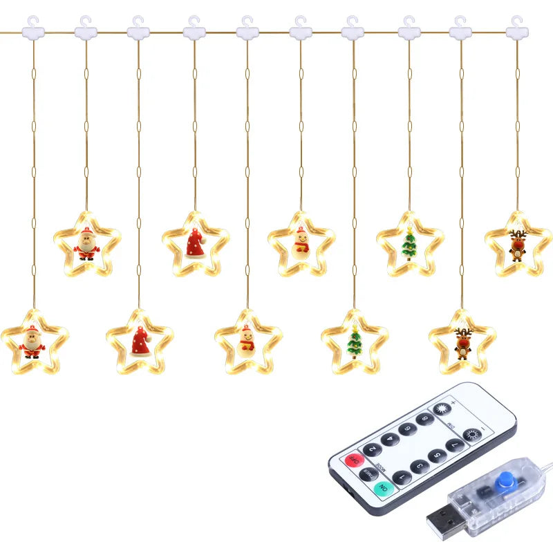 LED Christmas String Lights for Room Decoration, Guirlanda Cortina Lâmpada, Plug USB, Estrela, Papai Noel, Quarto, Sala de estar, Janela