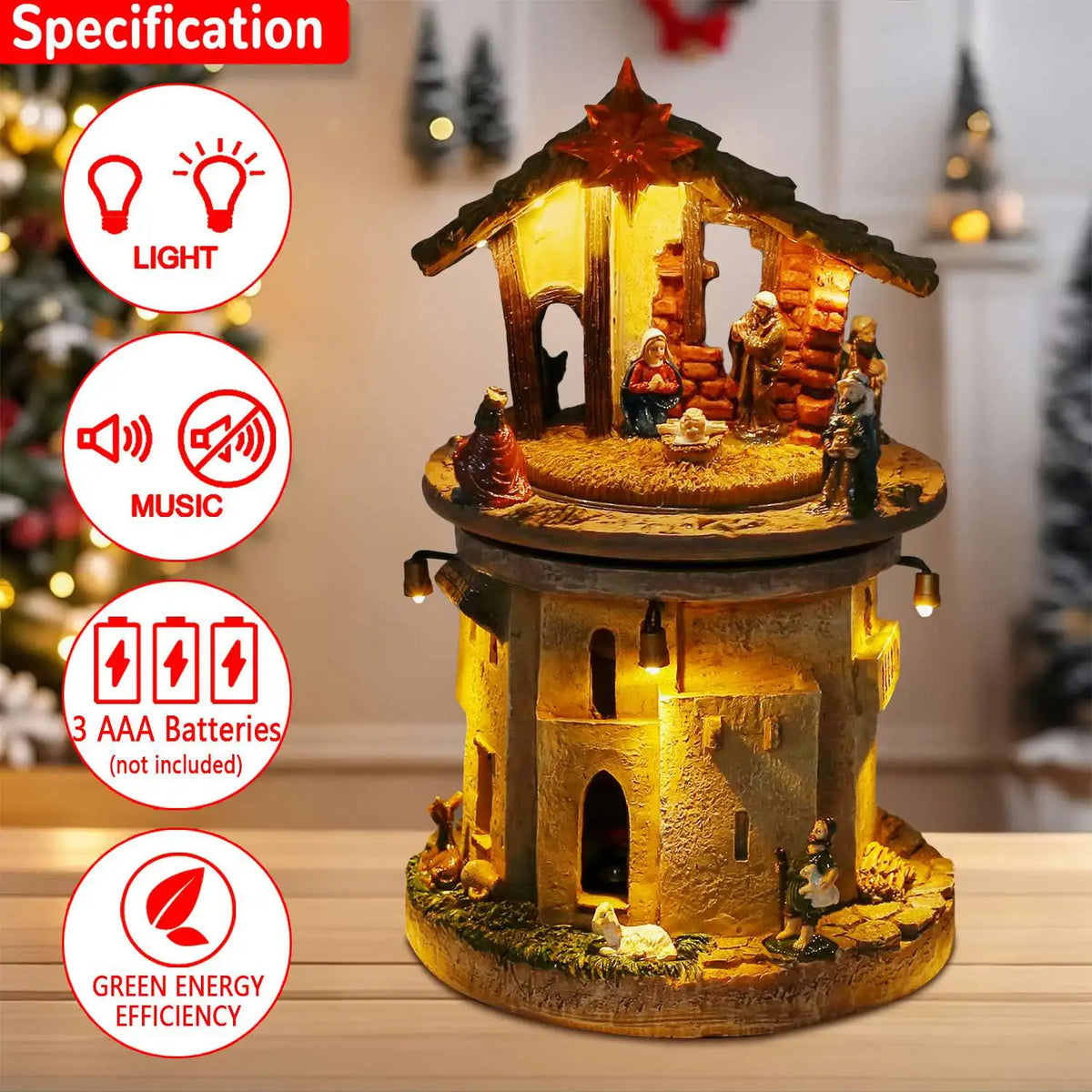 Vila de Natal Animada com Presépio da Sagrada Família, Figurinha de Manjedoura Rotativa, Canções Religiosas e Luzes para Decoração Interna