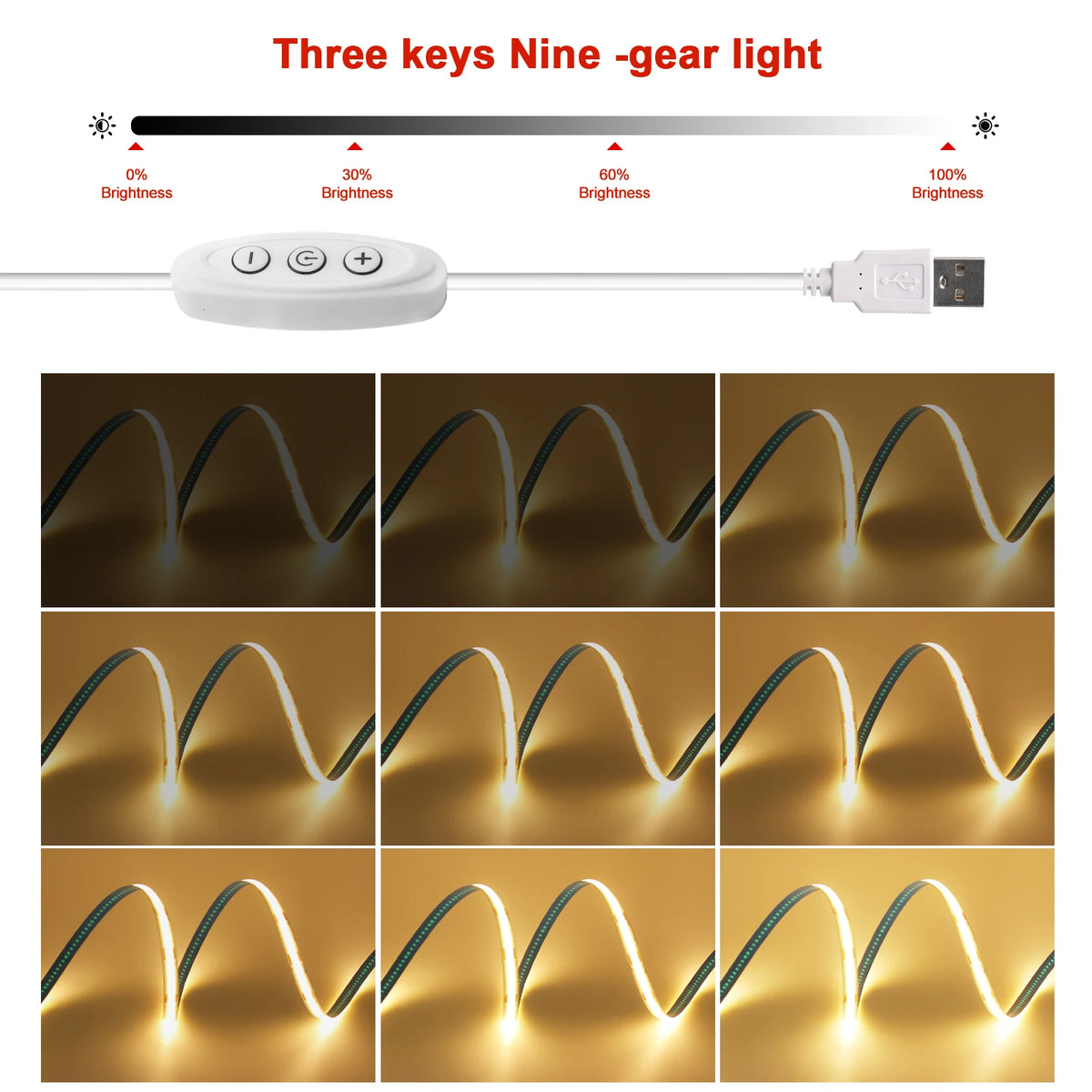 Dimmable COB LED Strip Light, Fita com interruptor ON OFF, Iluminação Linear de Alta Densidade, Fita Adesiva, USB, Flexível, 320LEDs, 5V