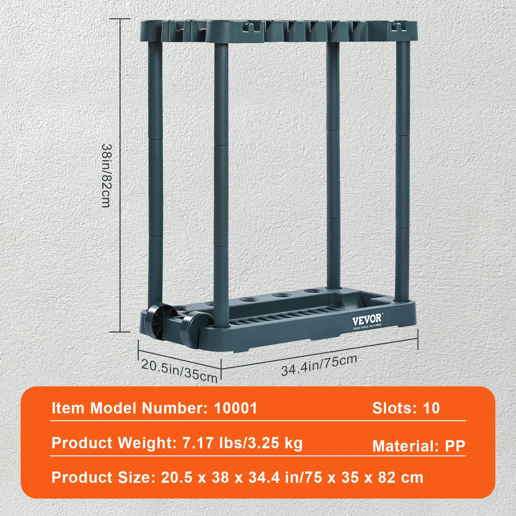 SucceBuy Organizador de ferramentas de jardim com 10 espaços, ferramenta de alça longa/rolo/torre de quarto, suporte de rack de armazenamento para organização de garagem