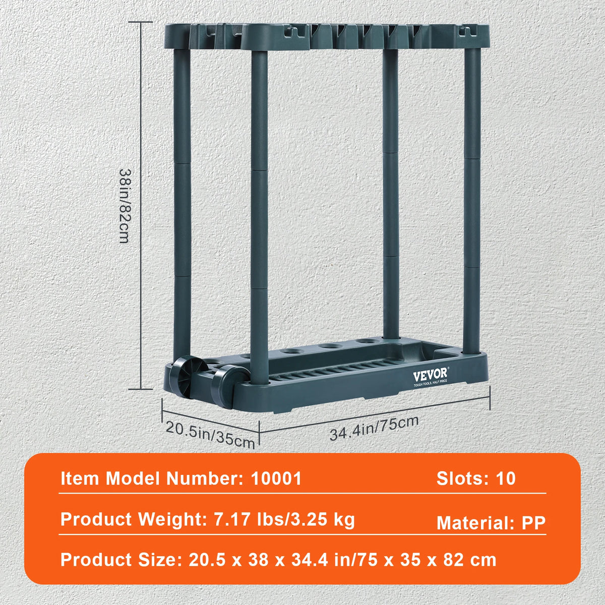 SucceBuy Organizador de ferramentas de jardim com 10 espaços, ferramenta de alça longa/rolo/torre de quarto, suporte de rack de armazenamento para organização de garagem