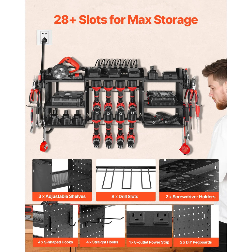 "Wall-mounted 3-layer Power Tool Charging Station with 5.58 ft Power Strip & 8 Drill Holders"