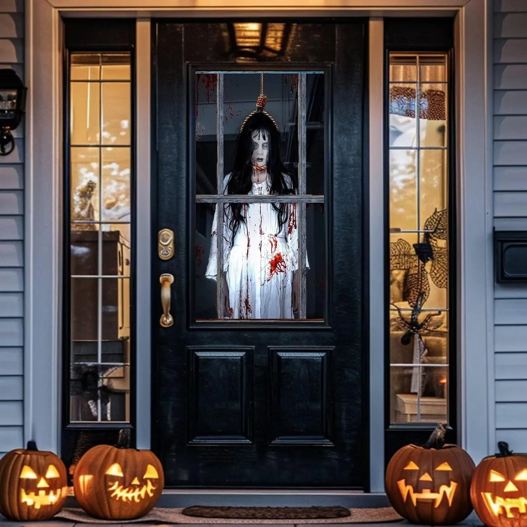 Decorações de capa de janela de Halloween – Tecido assustador, pôster de cortina de silhueta de porta assustadora para decoração de festa interna e externa