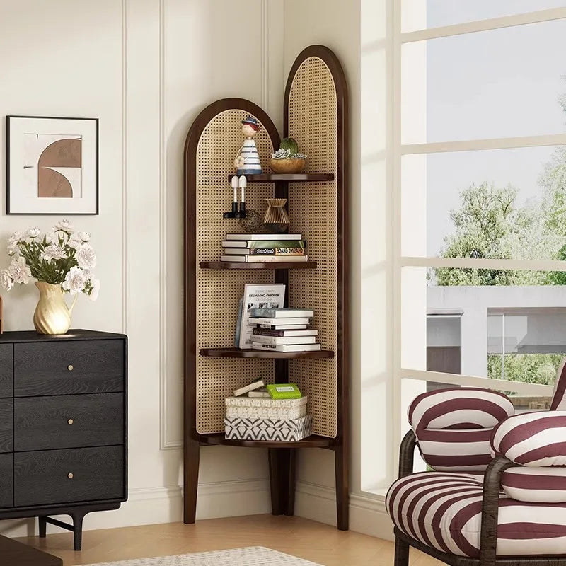 Estante Retro Triangular de Canto com Trama de Rattan para Sala de Estar, Divisória e Armazenamento para Quarto