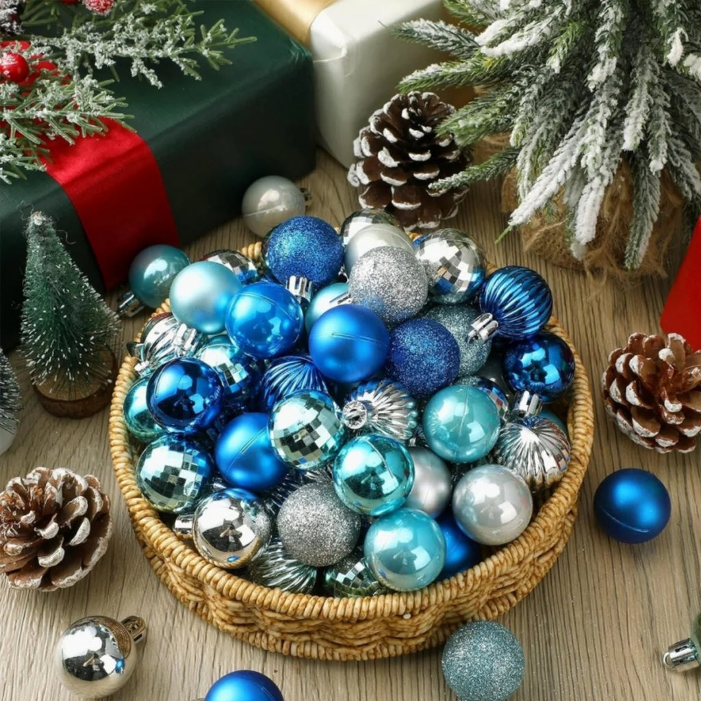 Conjunto de enfeites de bolas de natal, 3/4/6cm, enfeites inquebráveis de natal, bolas suspensas para festa de feriado, decoração de casamento (tira e azul)
