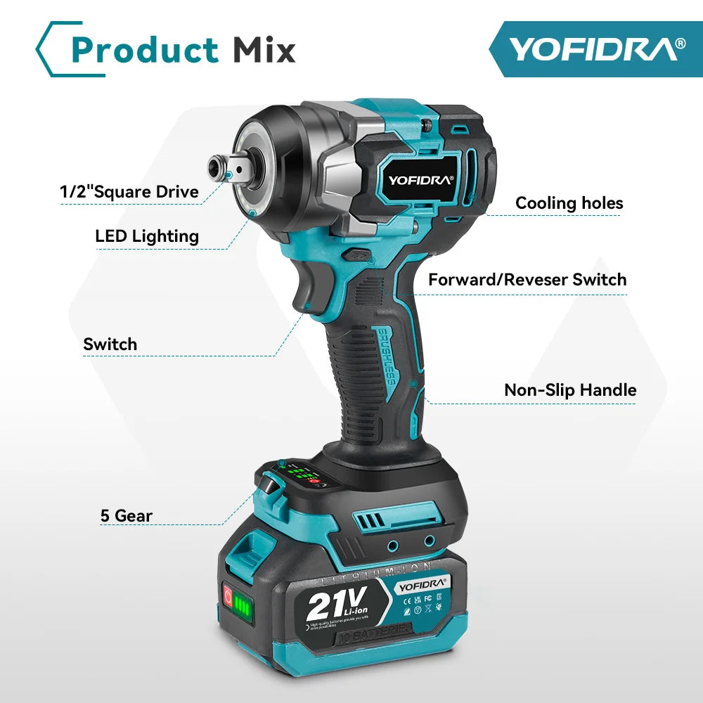 Yofidar com chave de impacto elétrica sem escova, 1200n.m, 5 engrenagens, 1/2 '', chave de fenda, ferramenta elétrica de reparo de carro para makita, pino de bateria de 18v