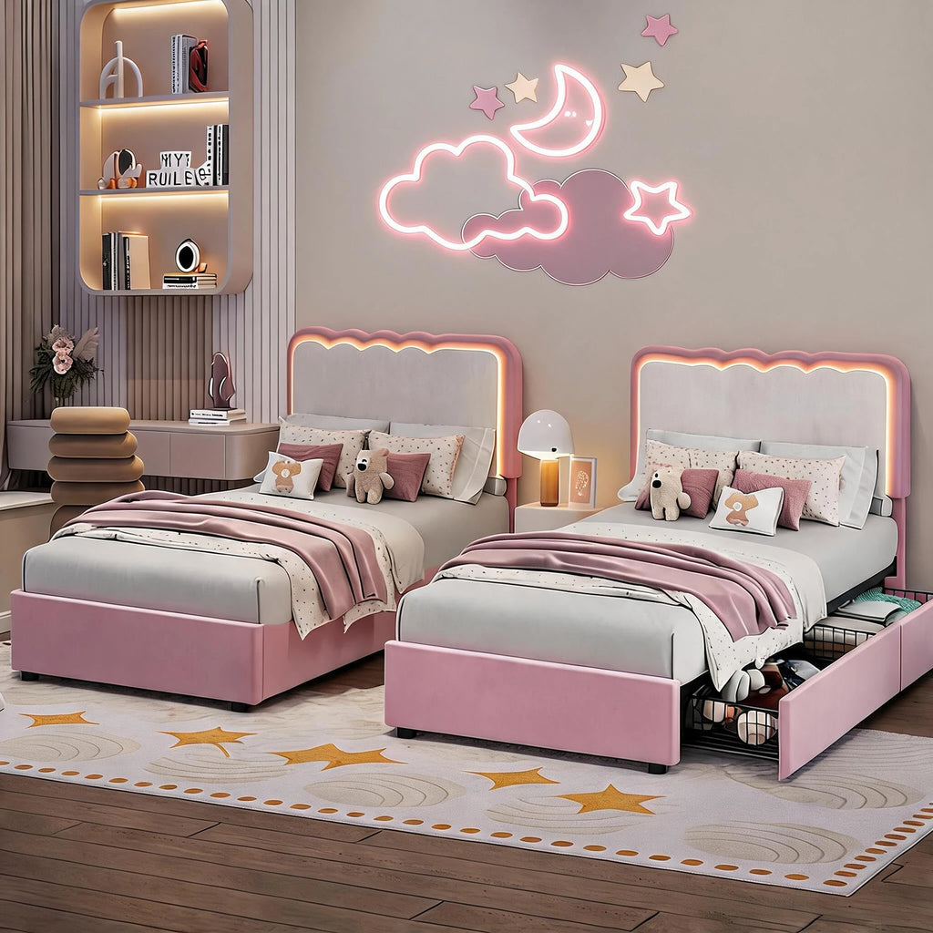 Cama de casal estofada com LED e 2 gavetas de armazenamento, cabeceira de veludo ajustável, cama plataforma para crianças, sem necessidade de estrado.