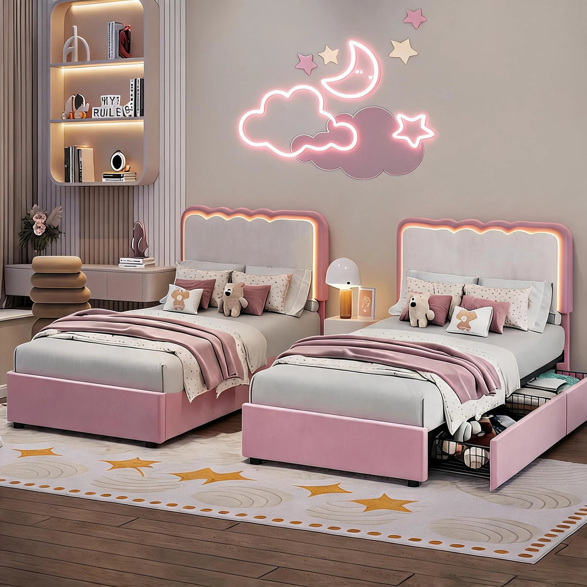 Cama de casal estofada com LED e 2 gavetas de armazenamento, cabeceira de veludo ajustável, cama plataforma para crianças, sem necessidade de estrado.