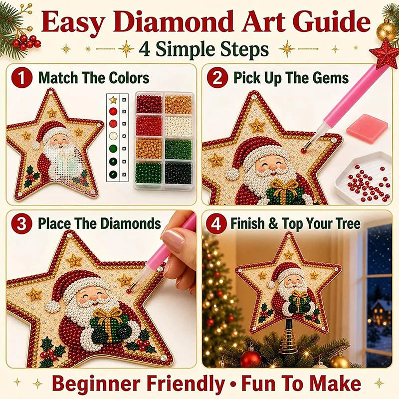 Enfeite de Árvore de Natal com Pintura de Diamantes, Topo de Árvore em Forma de Estrela, Papai Noel DIY, Pintura com Pérolas e Gemas, Base Espiral, Decoração para o Topo da Árvore de Natal