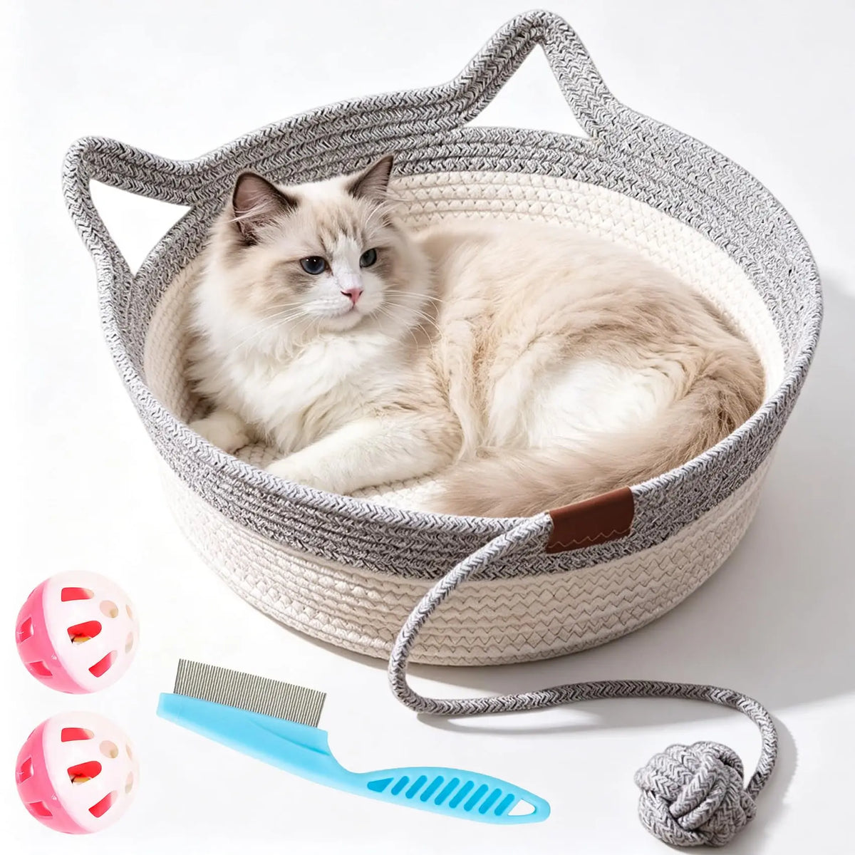 Cesto Cat Instinct - Cama Divertida de Corda de Algodão Tecida à Mão, Equipada com uma Cauda de Brinquedo