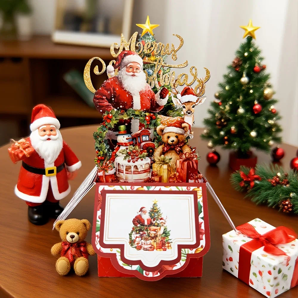 Cartões de Natal com Tema de Árvore de Natal, Papai Noel e Rena, Cartão Pop-Up 3D com Envelope, Suprimentos de Decoração para Festas de Fim de Ano, 1 unidade