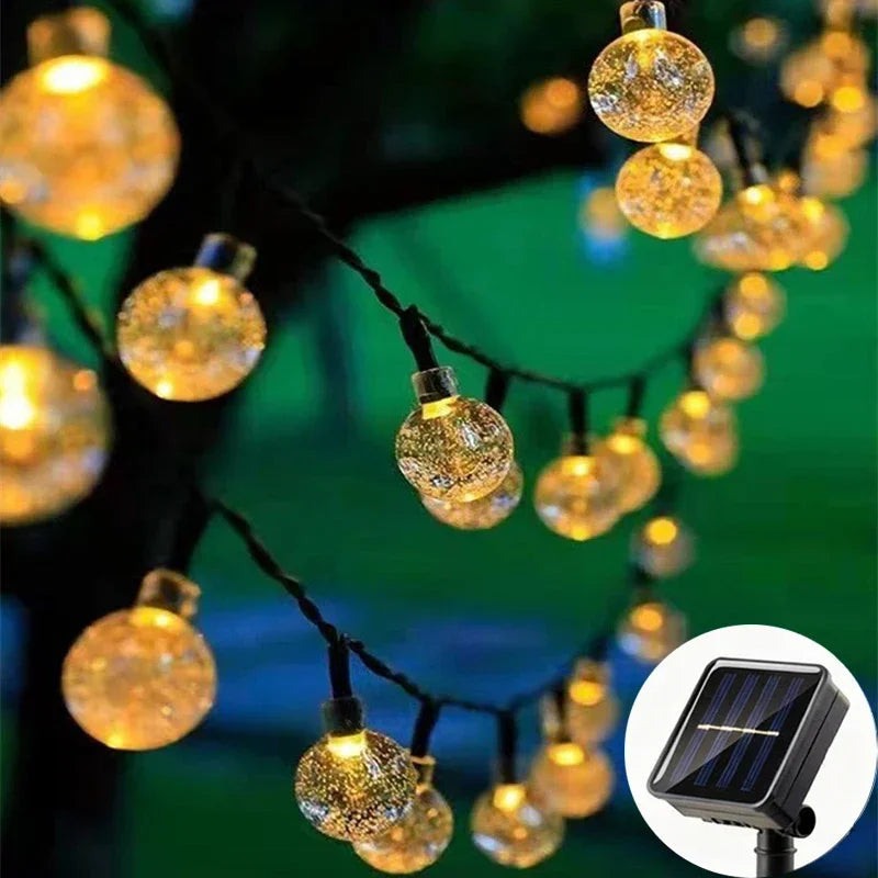Luzes de cordão solares para exterior, luzes de globo de cristal LED, luzes de fada solares à prova d'água para decoração de jardim, Natal e exteriores