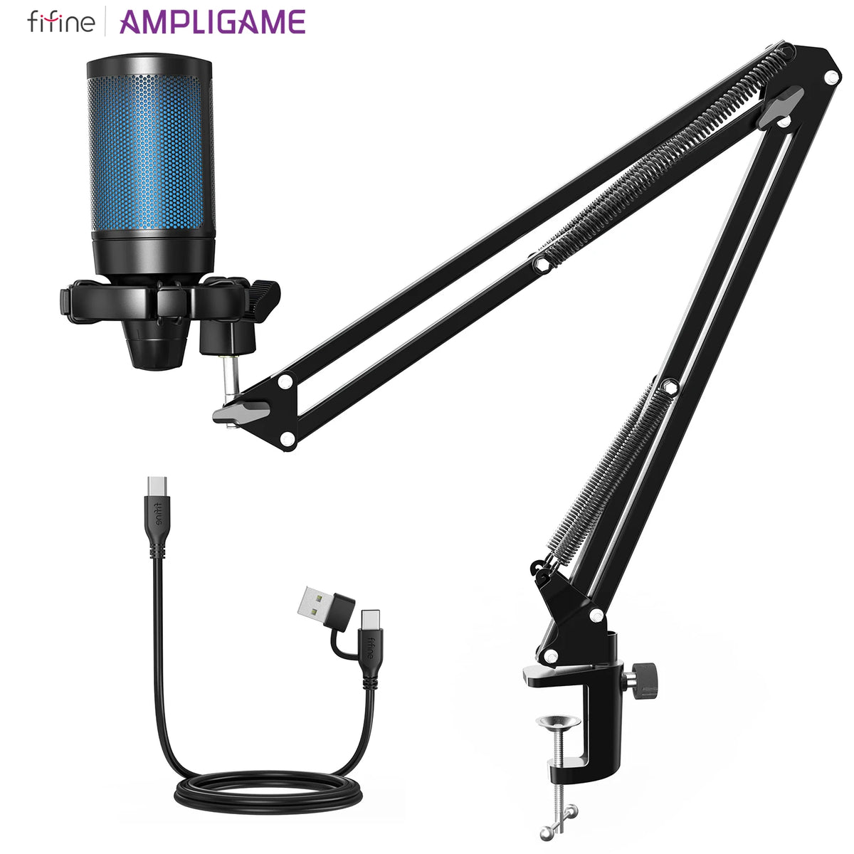 FIFINE Ampligame A2T Gaming Microphone Kit with Boom Arm for Streaming, Tap-to Mute & RGB Lighting, Plug and Play for PC/PS4/5