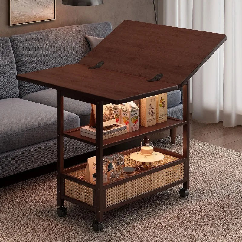Mesa de Café Móvel, Mesa Dobrável para Sala de Estar, Mesa de Jantar Doméstica, Mesa de Café de Madeira Sólida de Dupla Função Estilo Medieval