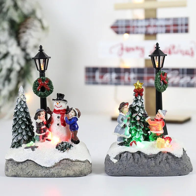 Natal aldeia cena árvore boneco de neve resina ornamento com luzes led animado lâmpada rua estátuas estatueta férias decoração desktop