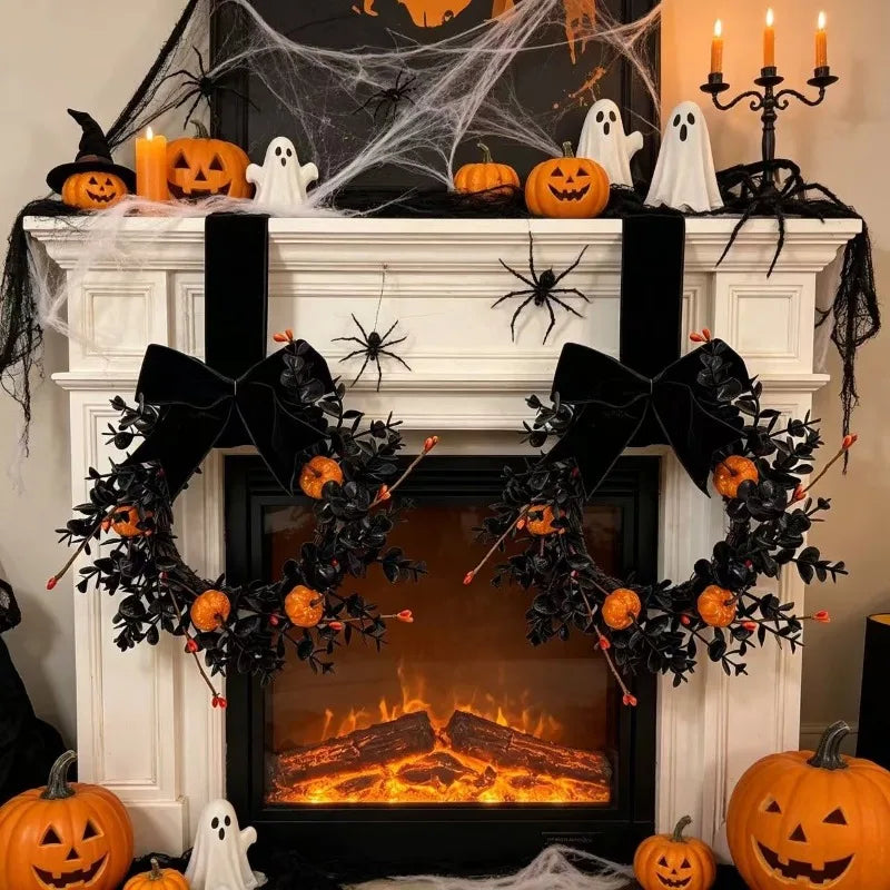 Guirlanda de Abóbora de Halloween com Laço, Guirlanda de Frutas Vermelhas de Outono, Decoração para Porta da Frente