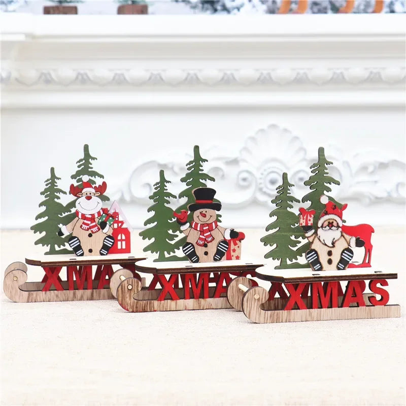 Decorações de natal de madeira diy trenó esqui dos desenhos animados santa ornamento de mesa presente das crianças pequeno presente