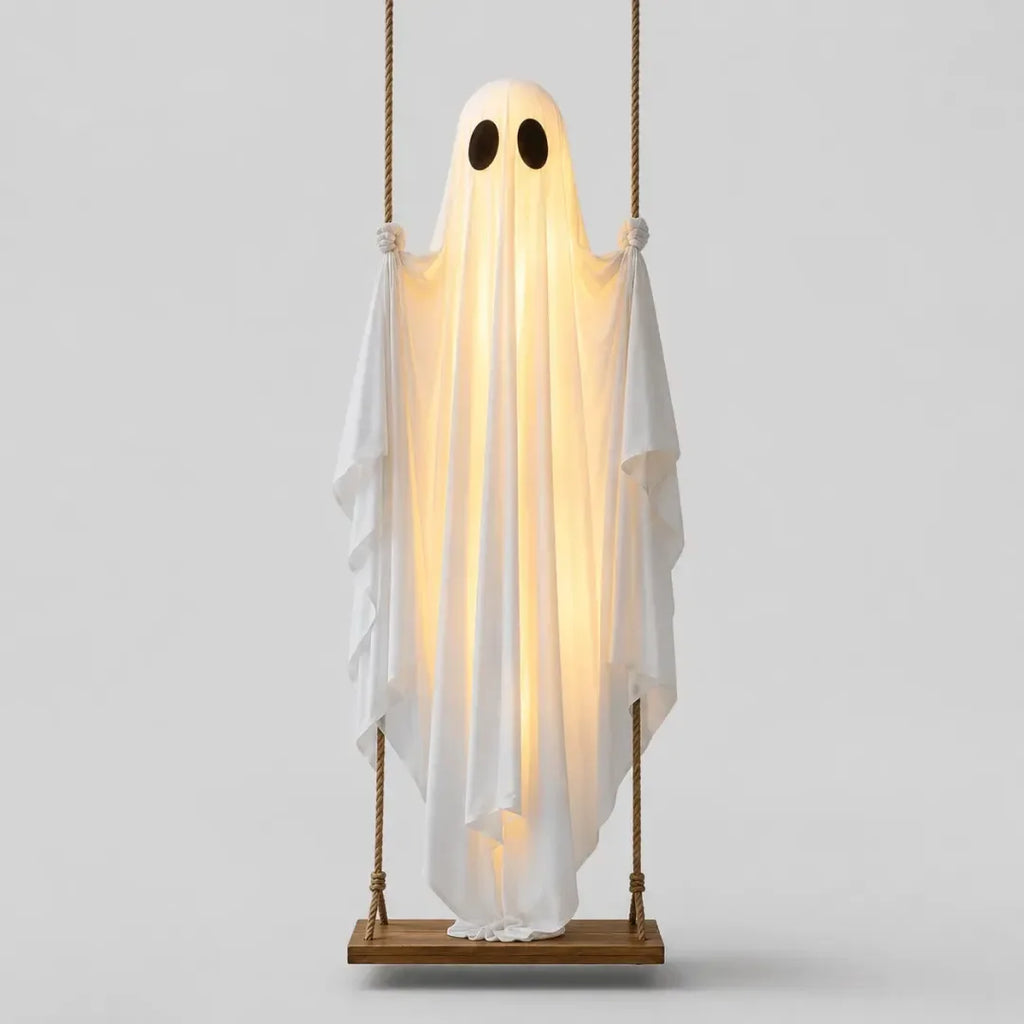 Decoração Suspensa de Fantasma Balançante para Halloween, Ornamento de Fantasma Branco Luminoso, Decoração para Casa Assombrada, Varanda, Quintal, Festa de Terror ao Ar Livre.