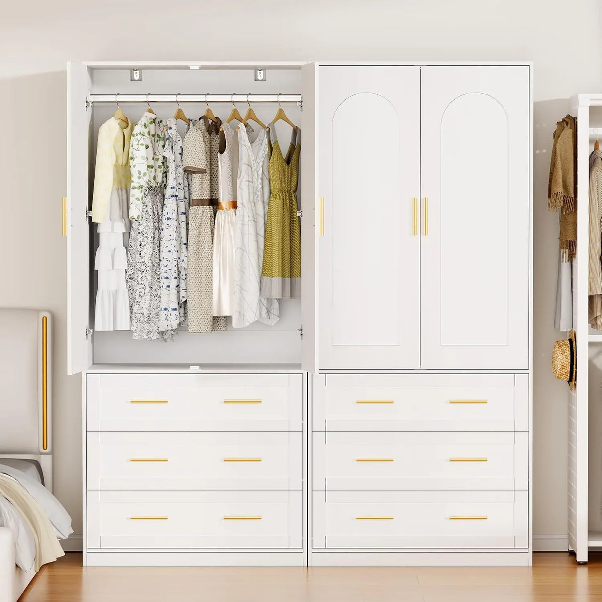 Guarda-roupa de madeira com 3 gavetas e varão para pendurar, 2 portas, armário independente para roupas no quarto, 71", personalizável