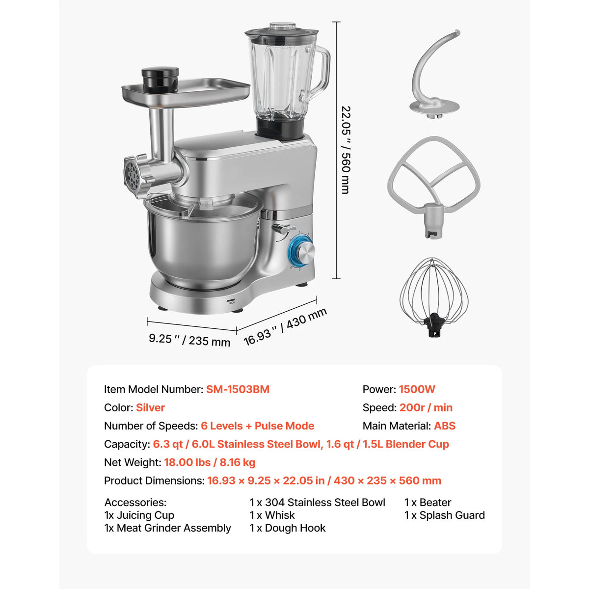 Batedeira Elétrica SucceBuy 5.7/6/7.8L, 1500W, Misturador de Massa, 6+ Velocidades, Batedeira com Cabeça Inclinável e Copo de Liquidificador de 1.5L