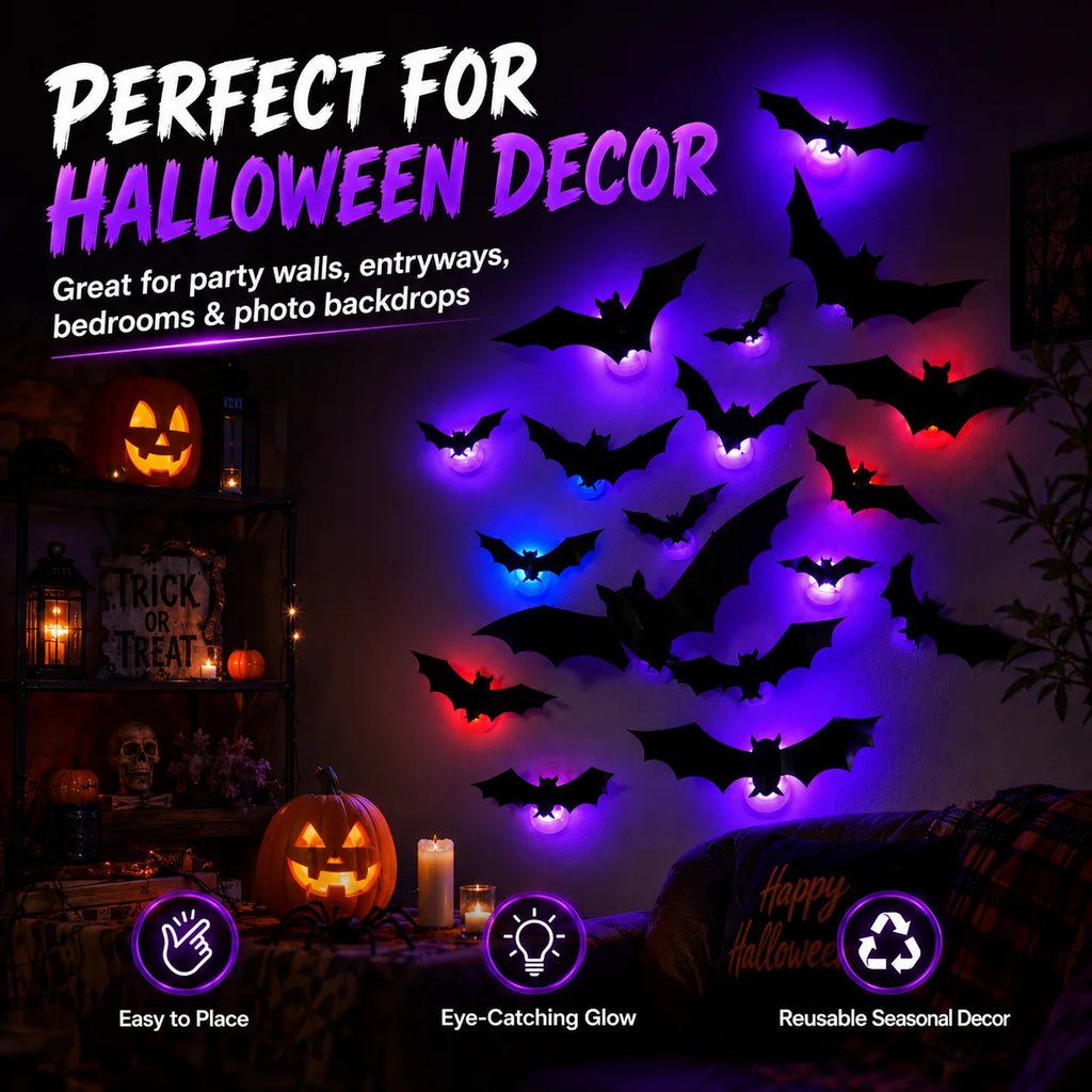Decorações Assustadoras de Halloween: Luzes LED 3D de Morcego |   Adesivos de Parede Flexíveis, Decoração Luminosa Alimentada por Energia |   Decoração de Festa, Janela