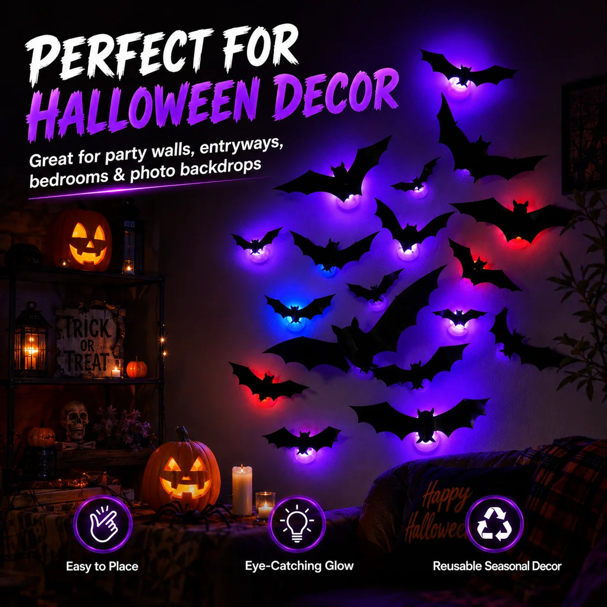 Decorações Assustadoras de Halloween: Luzes LED 3D de Morcego |   Adesivos de Parede Flexíveis, Decoração Luminosa Alimentada por Energia |   Decoração de Festa, Janela