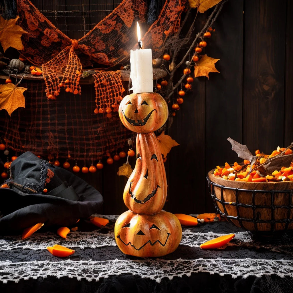 1 unidade, Decoração de Halloween: Castiçal Retrô de Abóboras Empilhadas, Artesanato em Resina para Decoração de Casa