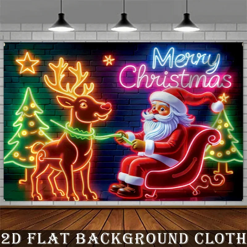 Cenário natalino em neon: Papai Noel e renas, ideal para festas de fim de ano e decorações natalinas para uso ao ar livre.