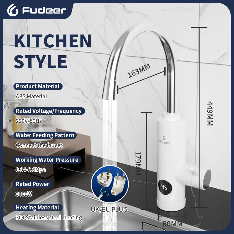 Fudeer 3400W 220V Cozinha Elétrica Aquecedor de Água Torneira Instantânea de Aço Inoxidável Torneira de Água Aquecedor Torneira de Aquecimento Frio