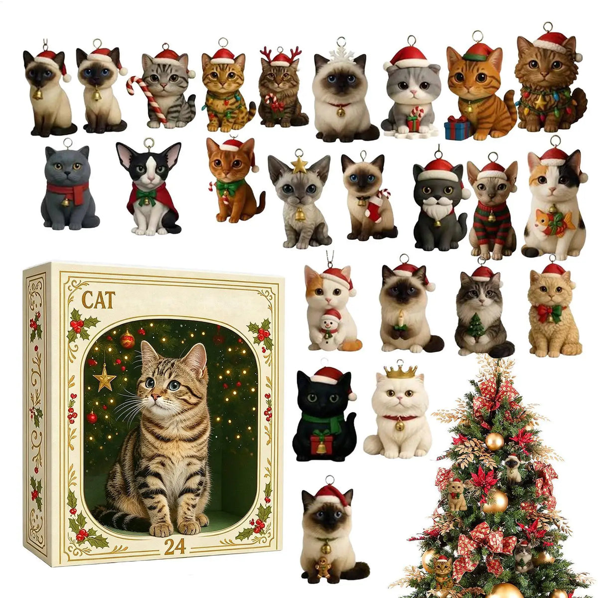 Calendário de contagem regressiva de Natal com tema de gato, 24 dias, enfeites de gato em acrílico 2D, calendário de advento, enfeite para árvore de Natal, presente colecionável.